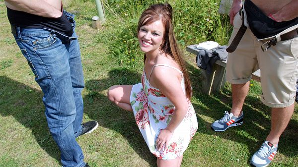 Willow has an outdoor threesome with two hung dudes who blast her tits and face with cum.